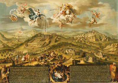 Een Uitzicht op Bethlehem met de Reis van de Wijzen, de Drie-eenheid Boven en de Geboorte in een Geschilderde Cartouche Onder, 1752 door Joseph Stephan