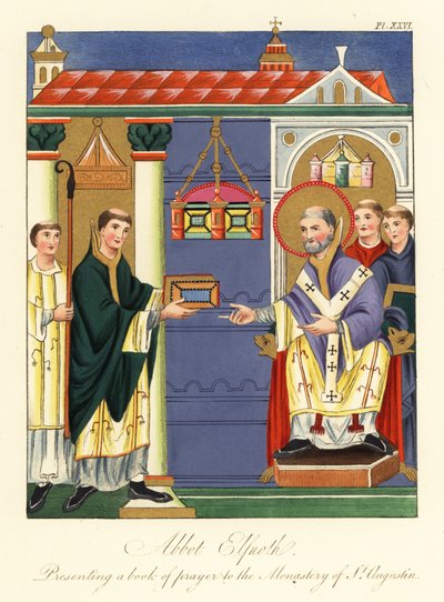 Abt Elfnoth presenteert een boek aan St. Augustinus (gravure) door Joseph Strutt