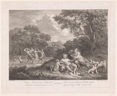 Landschap met Bacchus en dansende saters en maenaden door Joseph Wagner