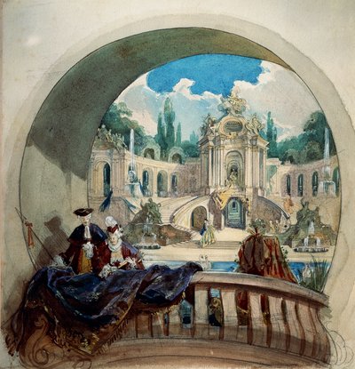 Voorbereidende tekening voor lunet van plafond van audiëntiezaal in koninklijk kasteel van Ludwig II in Linderhof door Joseph Watter