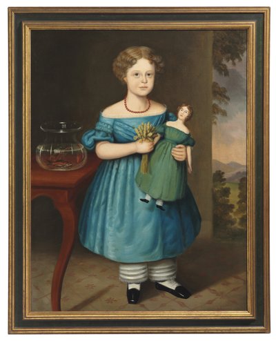 Portret van Amy Philpot in een blauwe jurk met pop en goudvis door Joseph Whiting Stock