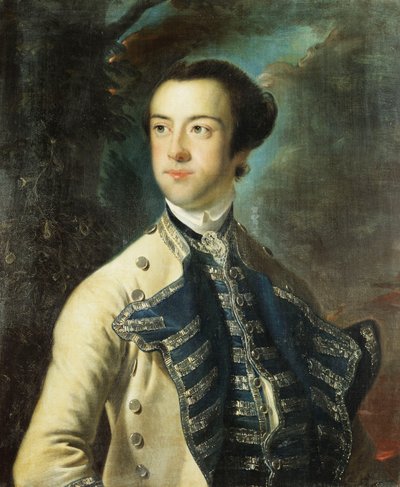 Portret van Thomas Hanway, Halflang, in een Beige Jas met Blauwe en Zilveren Afwerkingen, en een Blauwe en Zilveren Vest, een Hoed Onder Zijn Arm Houdend, in een Landschap door Joseph Wright of Derby