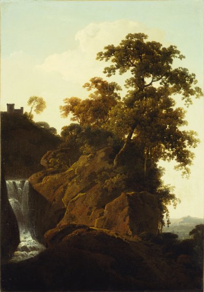 Rotsachtig landschap met een waterval door Joseph Wright of Derby