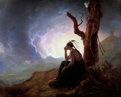 De weduwe van een Indiaanse hoofdman waakt over de wapens van haar man door Joseph Wright of Derby