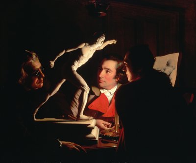 Drie personen die de Gladiator bij kaarslicht bekijken door Joseph Wright of Derby