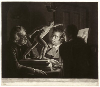 Drie personen die de gladiator bij kaarslicht bekijken, gegraveerd door William Pether door Joseph Wright of Derby