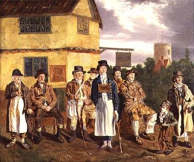 Norwich-karakters, L. naar R., Peter Thomas, C. Grimer, R. Gurney, R. Gallant, Blind Dan, John van Poringland, Joe Doe, Fluitende Koekoekjongen en Wyer door Joseph and Alfred Stannard