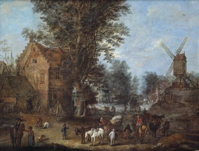 Een dorpsgezicht met reizigers en voerlieden en talloze andere figuren bij hun dagelijkse bezigheden door Joseph van Bredael