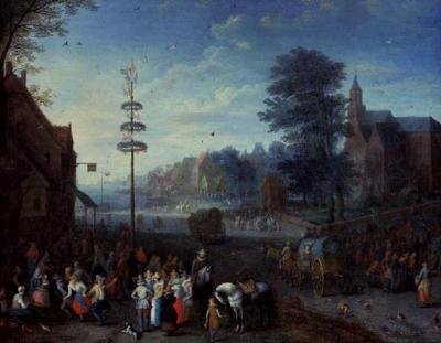 Dorpskermis met dorpelingen die rond een meiboom dansen en reizigers op een weg door Joseph van Bredael