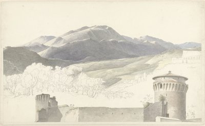Landschap bij Subiaco en bouwwerk te Rome door Josephus Augustus Knip