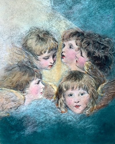 Engelenhoofden - Een kinderportretstudie in verschillende aanzichten. Olieverfschilderij door de Engelse schilder Sir Joshua Reynolds (1723 - 1792) in 1786/1787. Beelddatum: circa 1910. Carl Simon Archief door Joshua Reynolds