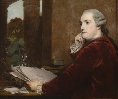 Detail van portret van William Henry Cavendish Bentinck, 3e hertog van Portland aan zijn bureau door Joshua Reynolds