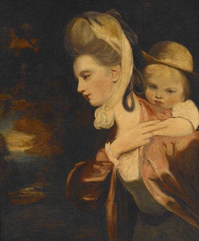 Op de rug (mevrouw Payne Gallaway en kind) (kopie) door Joshua Reynolds