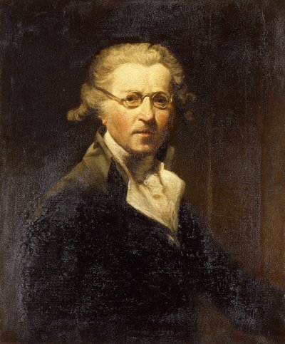 Portret van de kunstenaar, halflang, in een olijfgroene jas, met een bril door Joshua Reynolds