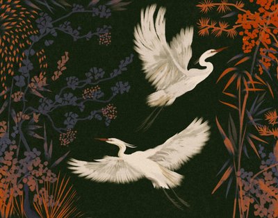 De vlucht van elegante reigers door Josie George