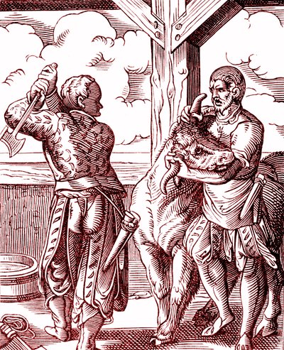 Een slager - Voedsel en koken in de Middeleeuwen. Gravure door Jost Amman (1539-1591). Gravure 1878 door Jost (after) Amman