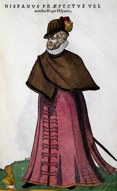 Kostuum van minister van het Spaanse koningshuis, gravure door Jost Amman uit Habitus praecipuorum populorum, virorum tam quam singulari foeminarum art depicti door Jost Amman