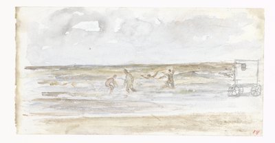 Baders in zee en een strandkoets door Jozef Israëls