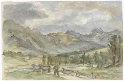 Berglandschap met veehoeder en twee koeien door Jozef Israëls