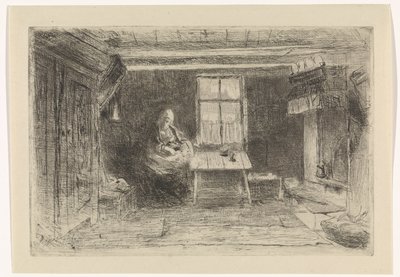 Interieur met moeder en kind door Jozef Israëls