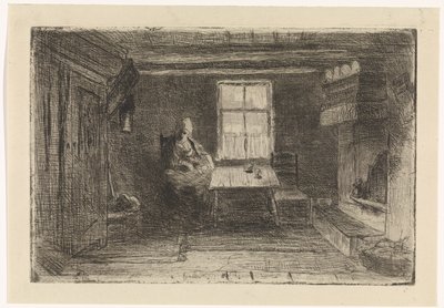 Interieur met moeder en kind door Jozef Israëls
