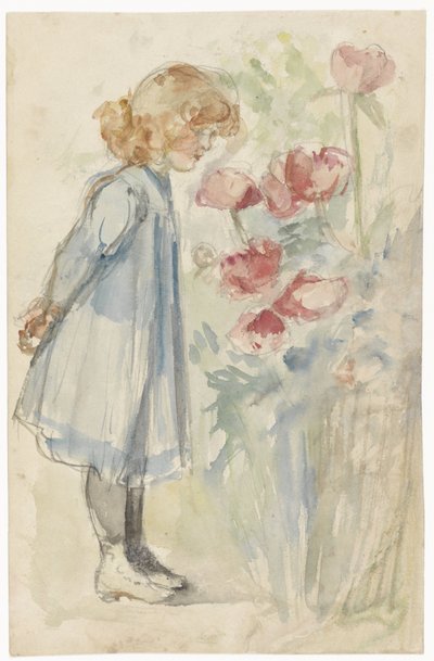 Staand meisje in bloementuin door Jozef Israëls