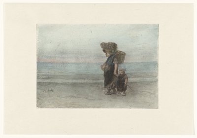Vrouw met kind, lopend over het strand door Jozef Israëls