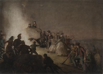Sint Jansavond. Boeren die een vuur hebben aangestoken op een grafheuvel, dansen rond het vuur door Jørgen V. Sonne