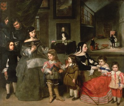 De Familie van de Kunstenaar, links de vier kinderen uit het eerste huwelijk van de kunstenaar met de dochter van Diego Velasquez, Gaspar, Melchior, Baltasar en Maria Teresa; rechts zijn tweede vrouw Francisc door Juan Bautista Martinez Del Mazo