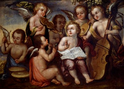 Baby Jezus met engelen die muziekinstrumenten bespelen door Juan Correa