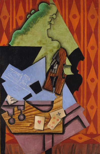 Viool en Speelkaarten op een Tafel, 1913 door Juan Gris