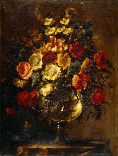 Bloemen in een glazen vaas op een rots door Juan de Arellano