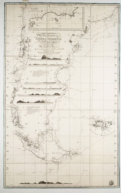 Kaart van Chili, Patagonië, Tierra del Fuego en de Falklandeilanden, c.1798 (gravure) door Juan de Langara