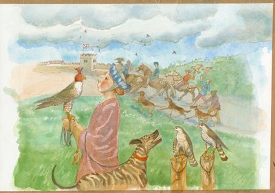 Een vroegmiddeleeuws jachttafereel (aquarel op papier) door Judith Dobie