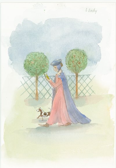 Een middeleeuwse dame in een tuin, 2004 door Judith Dobie