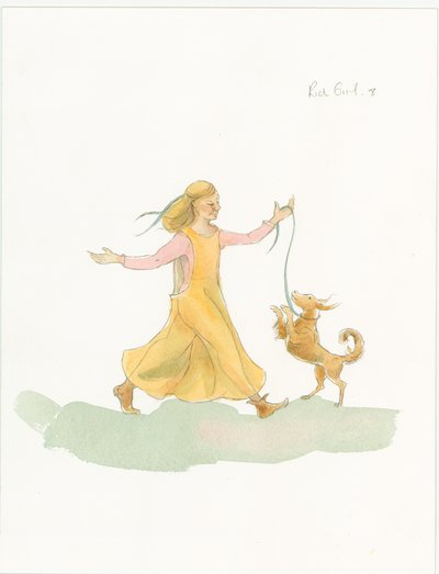 Een Middeleeuwse Vrouw die met een Hond Speelt door Judith Dobie