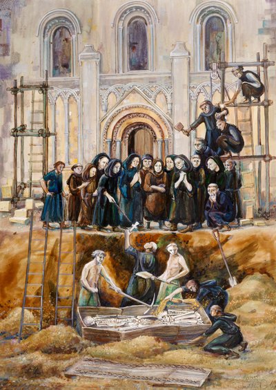 Opgraving van Arthur en Guinevere in Glastonbury Abbey, Somerset door Judith Dobie