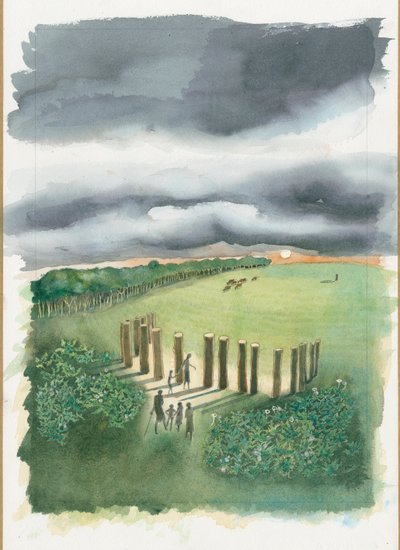 Raunds neolithische reconstructie (aquarel op papier) door Judith Dobie