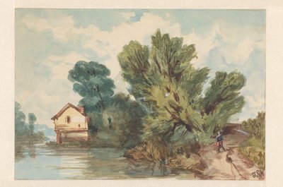Landschap met wandelaar en huis aan het water door Judith Ph. Metelerkamp (signed by artist)