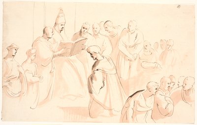 Figurencompositie rond een tronende, lezende paus door Jürgen Ovens