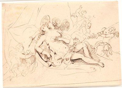 Rustende Venusfiguur, omringd door zes putti die spelen met zwaard, pijl en hart door Jürgen Ovens
