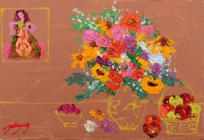Levendige bloemen en een celliste door Jukyong Park