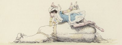 Circusartiest, liggend op een paard, met duiven op haar arm en hoofd door Jules Arsene (after) Garnier