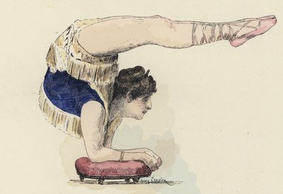 Vrouwelijke gymnast doet elleboogstand door Jules Arsene (after) Garnier