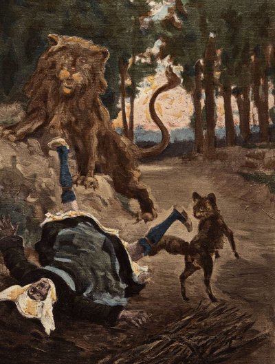 Een vrouw die hout sprokkelt in het bos van Bievre, opgeschrikt door een leeuw en een vos. Pantagruel. Illustratie van Jules Garnier. In "Rabelais et l