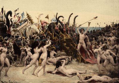 Bacchus (Dionysos, Bacco) en zijn leger vallen het Indiase leger aan door Jules Arsene Garnier