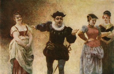 Panurge die vraagt dat vrouwen niet langer halsbedekkingen dragen. Pantagruel. Illustratie van Jules Garnier in "Rabelais et l