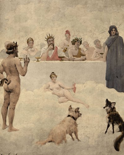 De god van de tuinen Priapus terug voor de raad van de goden. In het midden Iupiter (Jupiter, Zeus). Links van hem Bacchus (Dionysos, Bacco). Daaronder een hond en een vos. Pantagruel. Illustratie door Jules Garnier. In "Rabelais et l