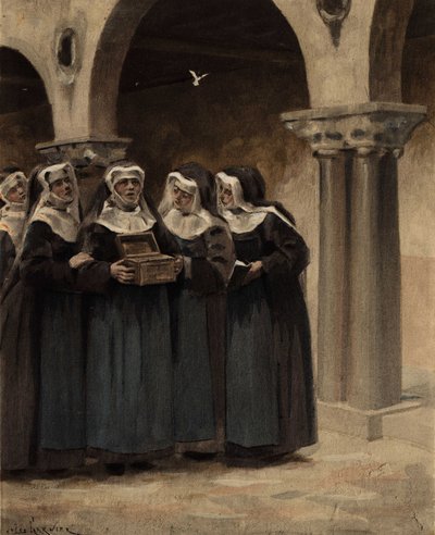 De nonnen van de abdij van Coingnaufond openen de doos geschonken door paus Ian (Johannes) XXII. Pantagruel. Illustratie door Jules Garnier. In "Rabelais et l