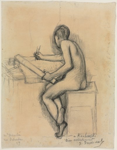 Studie van een zittend naakt vrouwelijk model dat tekent door Jules Bastien Lepage